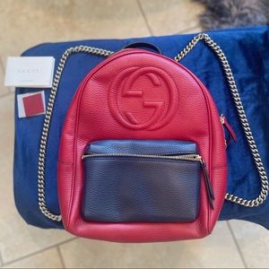 Gucci red/navy blue leather soho chain backpack.